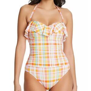Bleu by Rod Beattie Hip to be Square Plaid Ruffle Bandeau One-Piece Swim…